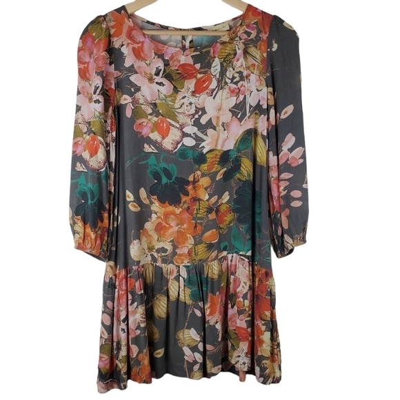 Anthropologie 0 Meadow Rue Minutiae Drop Waist Dress Floral‎ Gray Pockets Boho - Picture 1 of 14